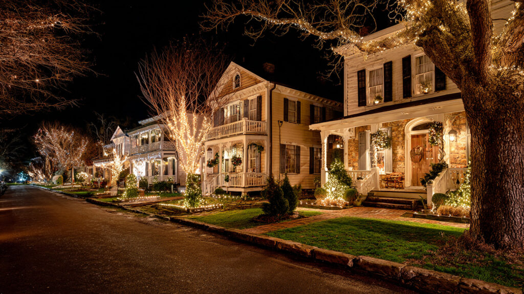 historic homes with holiday lighting and decorations outside